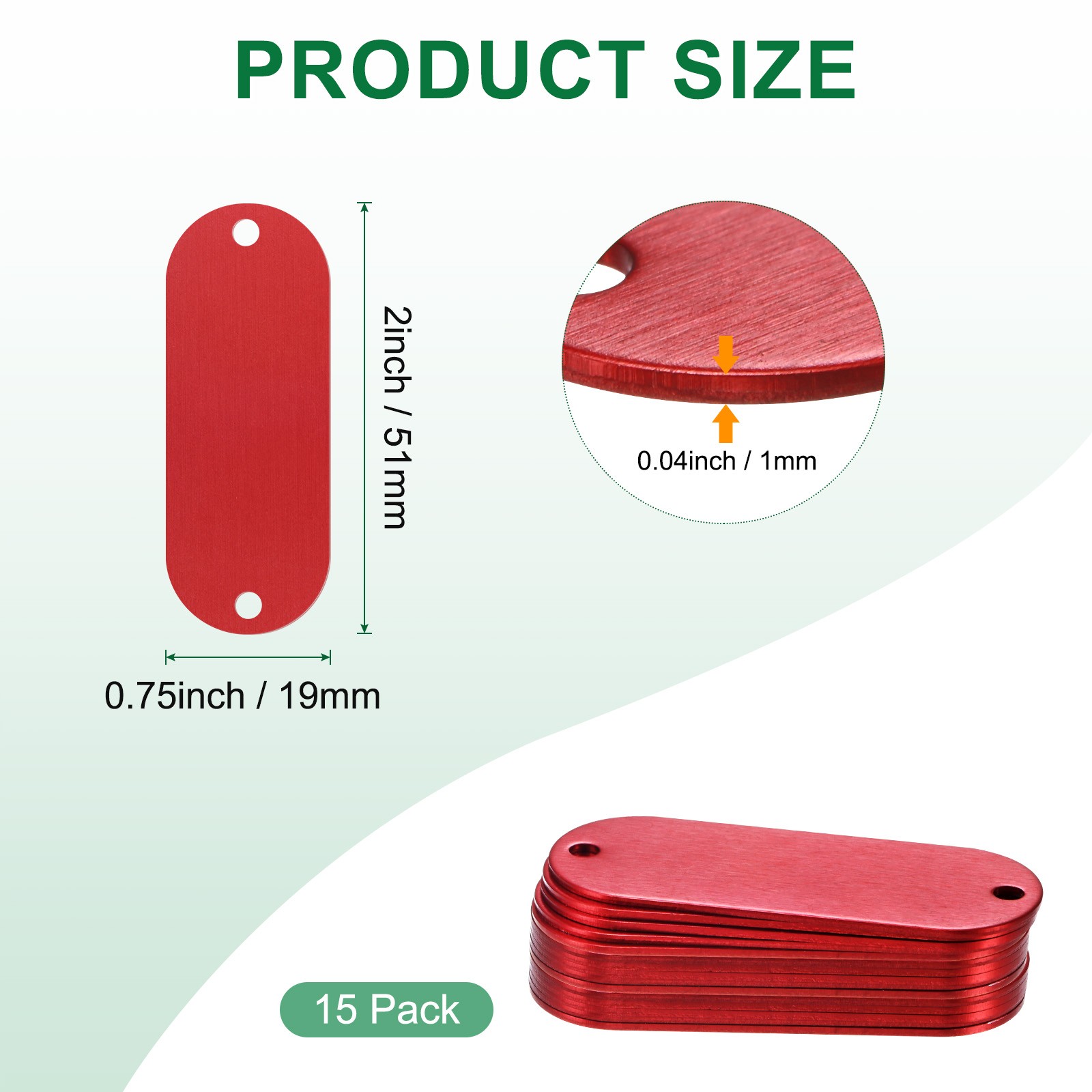 15-Pack 2″ x 0.75″ x 0.04″( L x W x T ) Blank Dog Tags [Red, 2 Holes]