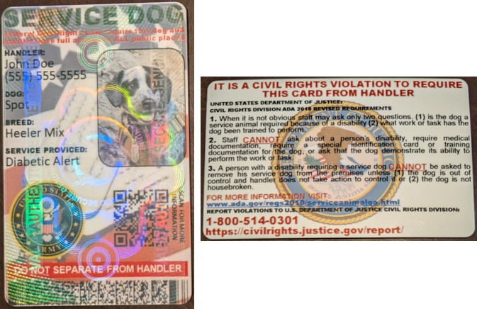 HOLOGRAPHIC SERVICE DOG ID CARD ARMY MILITARY VETERANS 2 SIDED PHYSICAL&DIGITAL