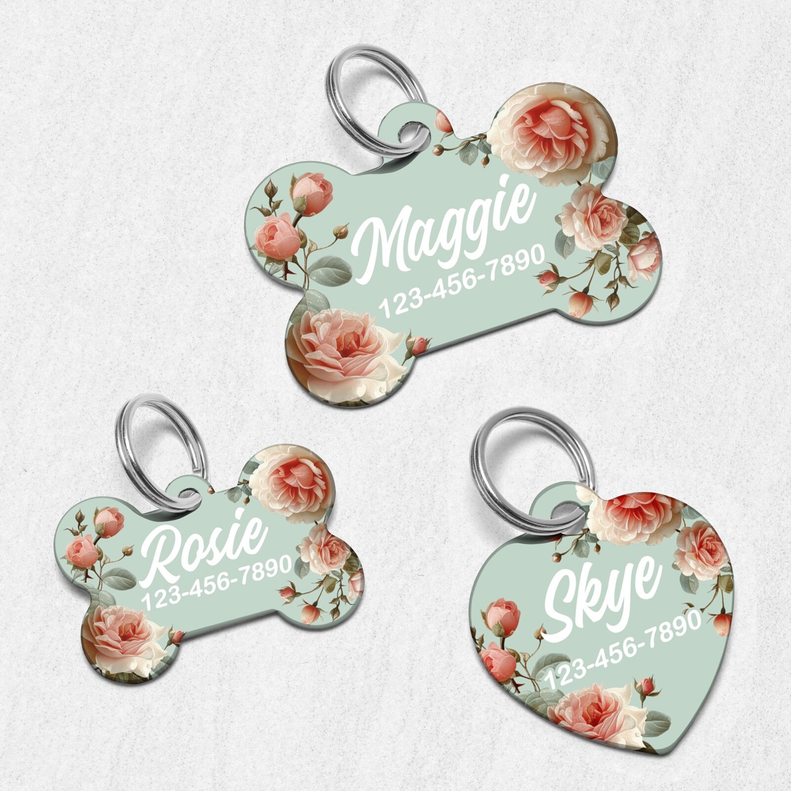 Roses Dog Tag for Dogs, Floral Pet ID Tags, Custom Personalized Flower Puppy Tag