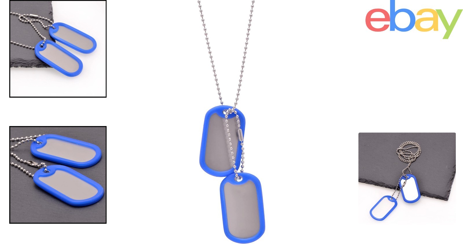 Military Dog Tags Necklace Set with Bead Chains and Blue Silicone Silencers