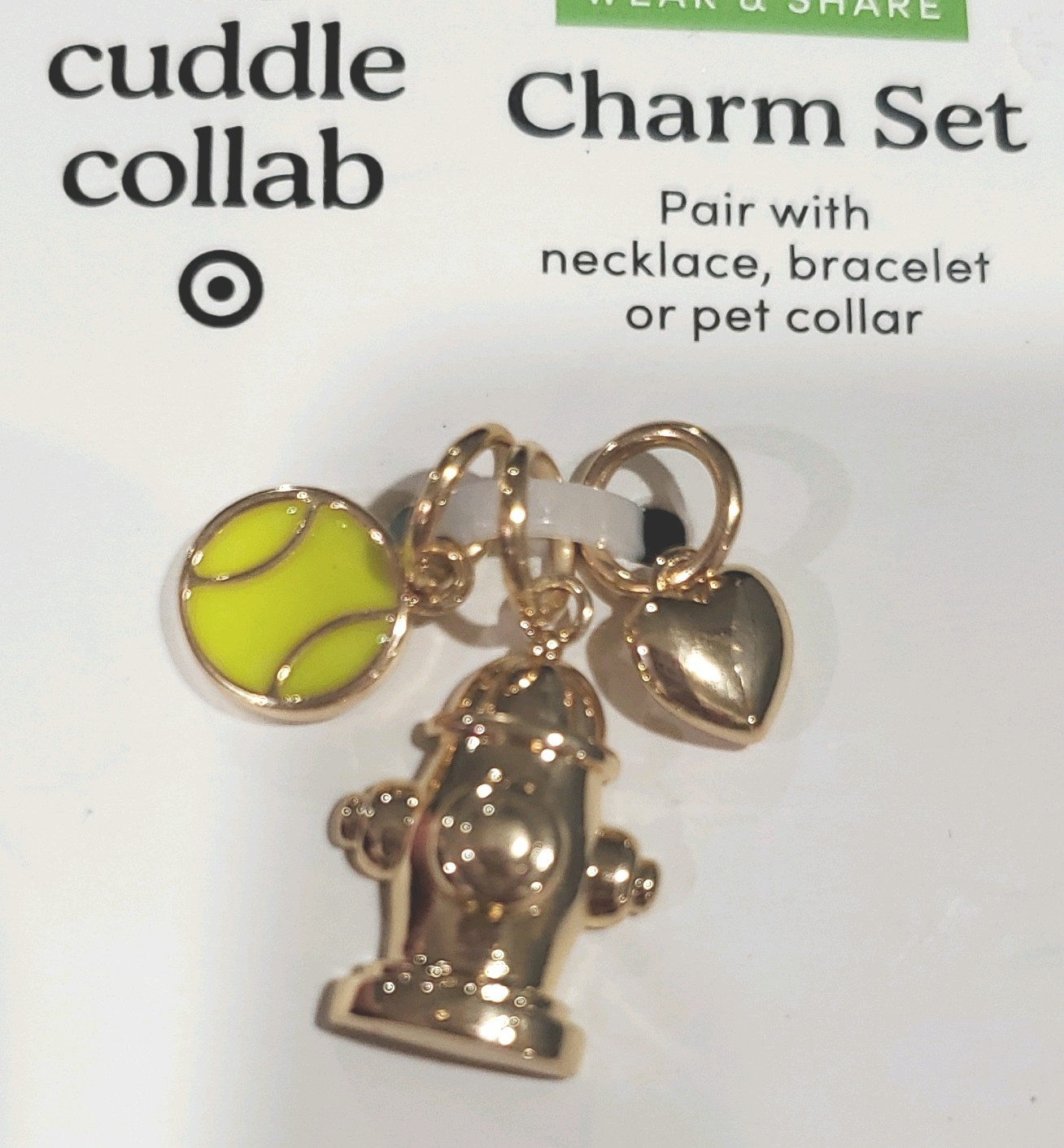 the cuddle collab Dog Pet Gold Collar Charm Set of 3 Ball Fire Hydrant Heart New