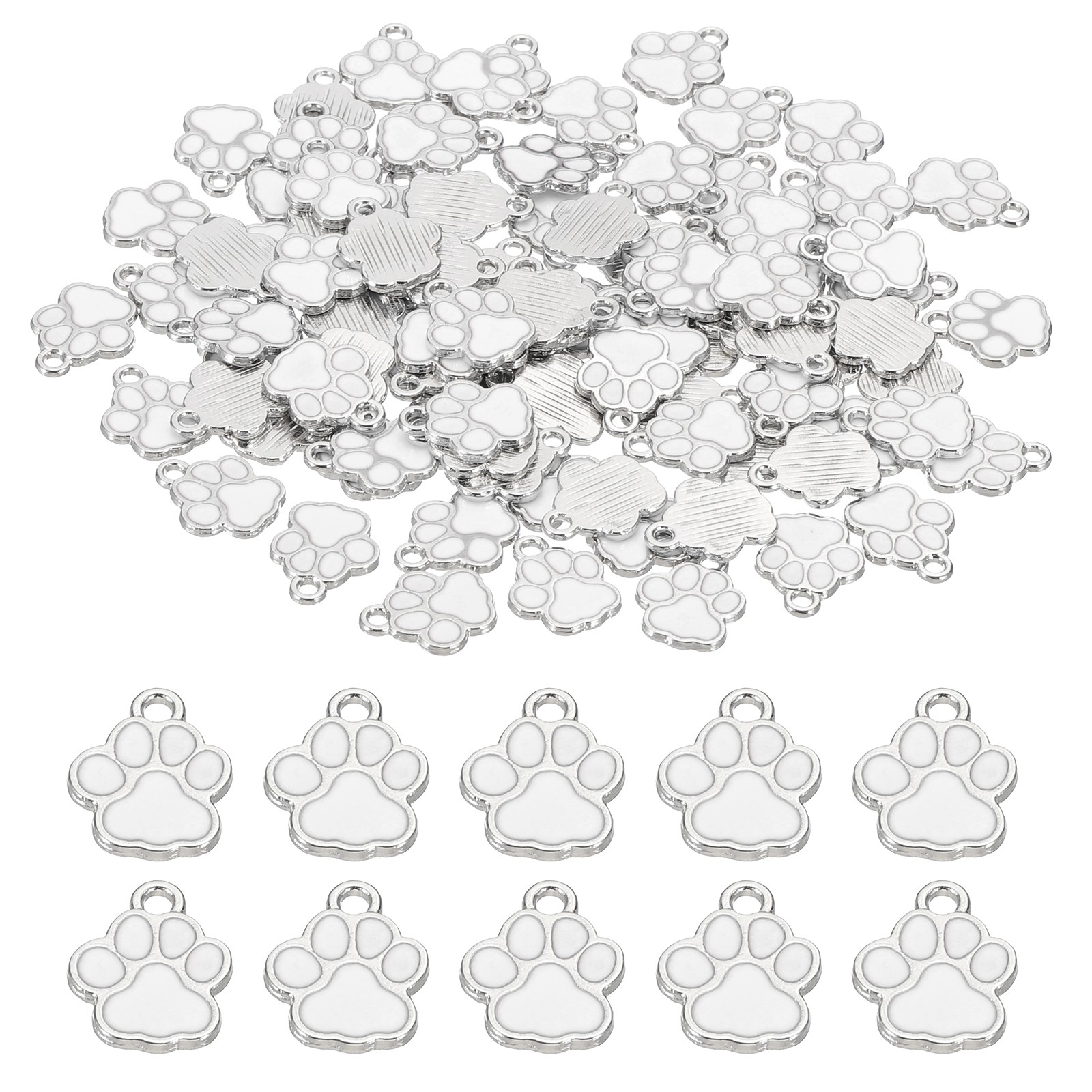 Enamel Paw Print Charm, 100Pcs Alloy Enamel Pendants , White/silver