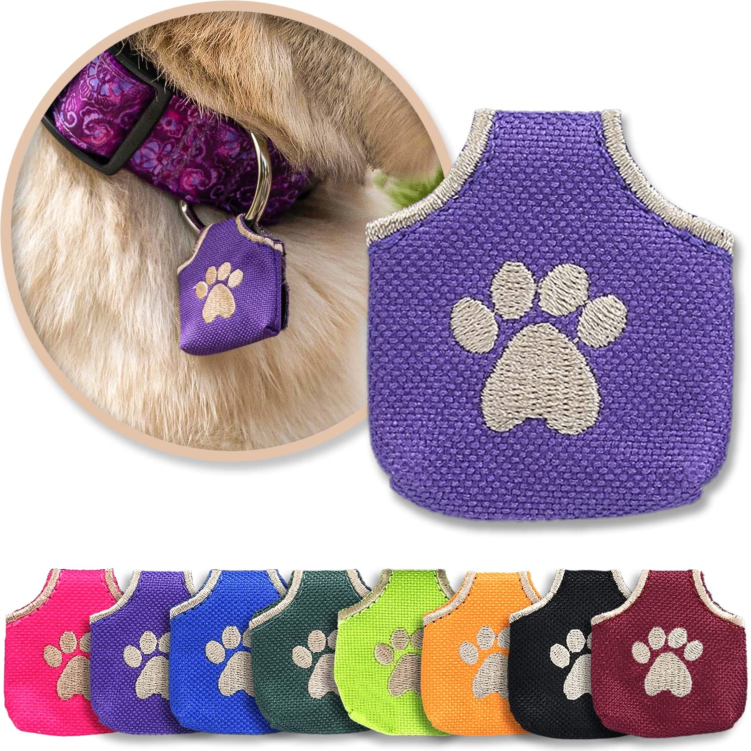 Dog Tag Silencer Purple Pawprint – Quiet Pet ID Cover, Fits 4 Tags, Durable N…