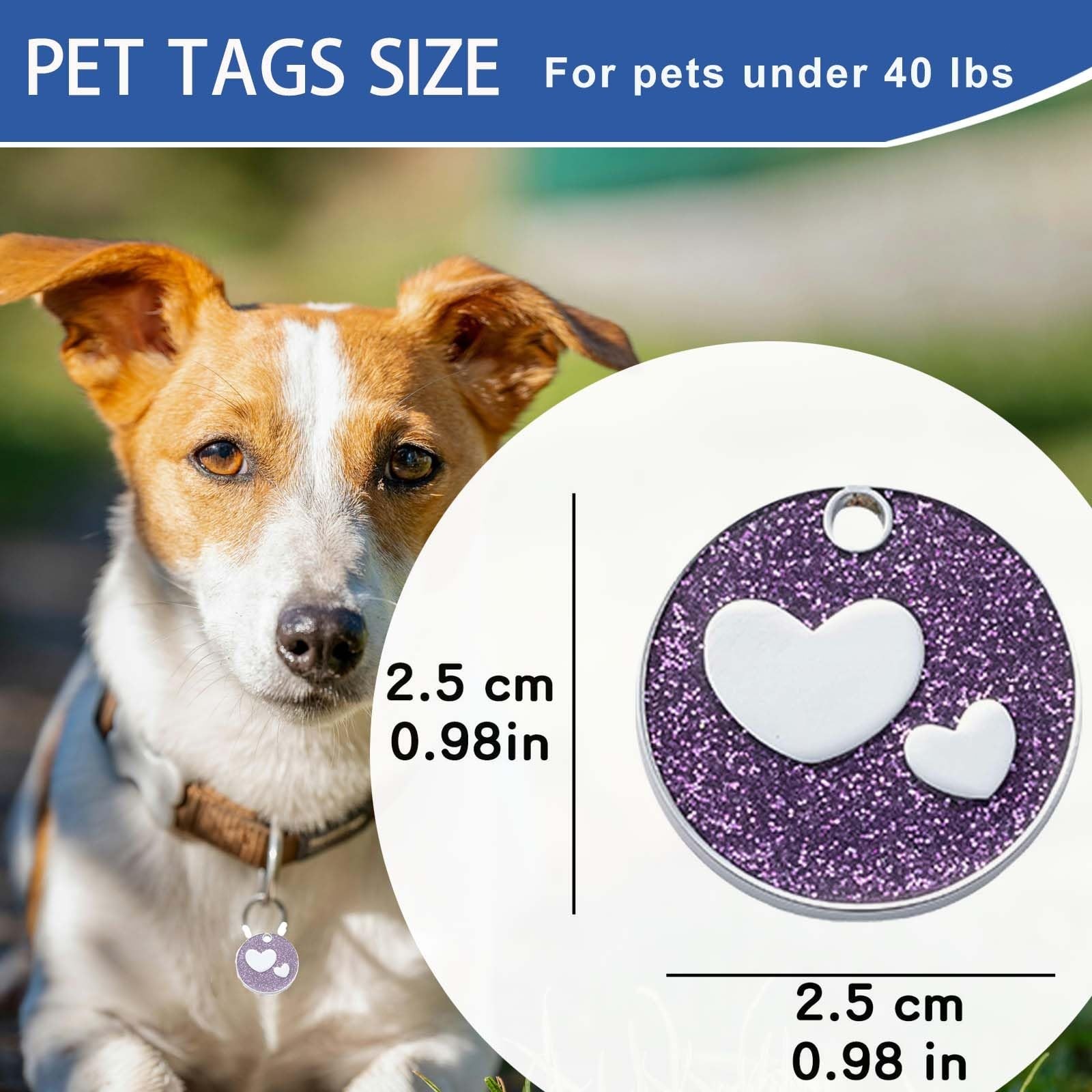Round Heart Glitter Custom Pet ID Tags Engraved with Name & Phone