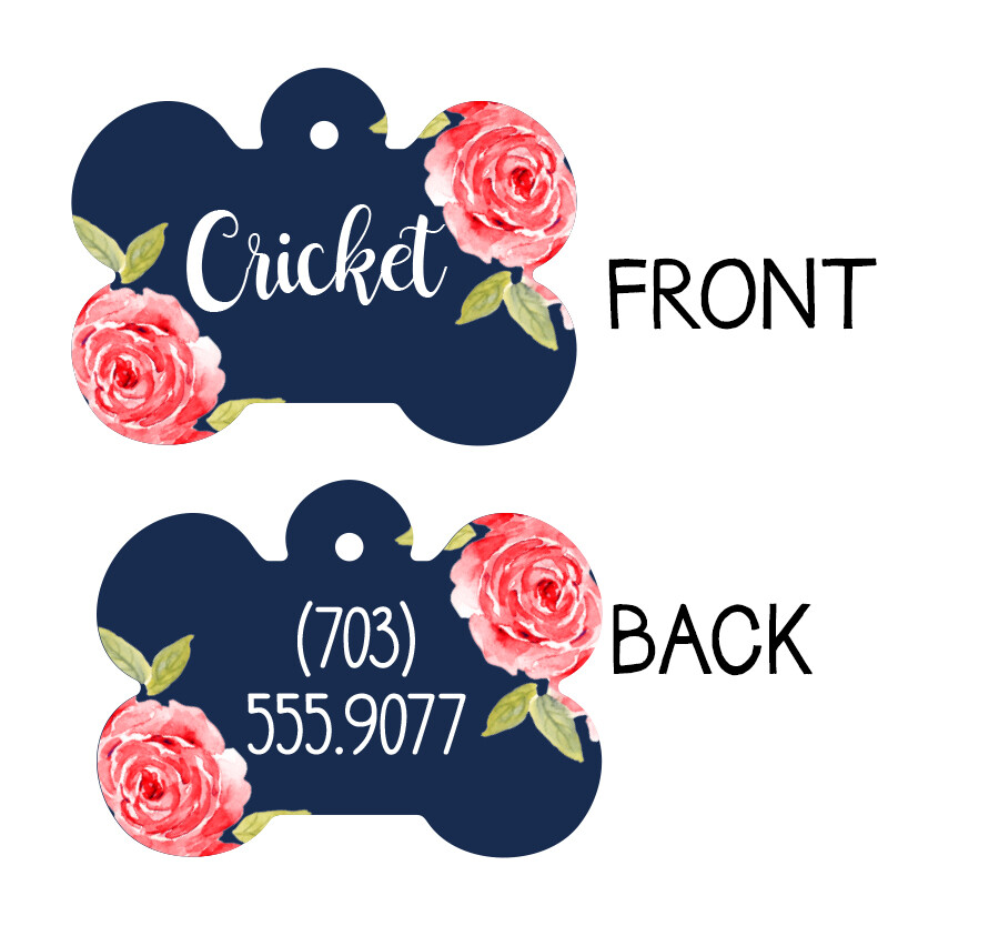 Personalized Pet ID Tag, Floral Dog Tag, Double Sided Dog Tag for Girls, Rose