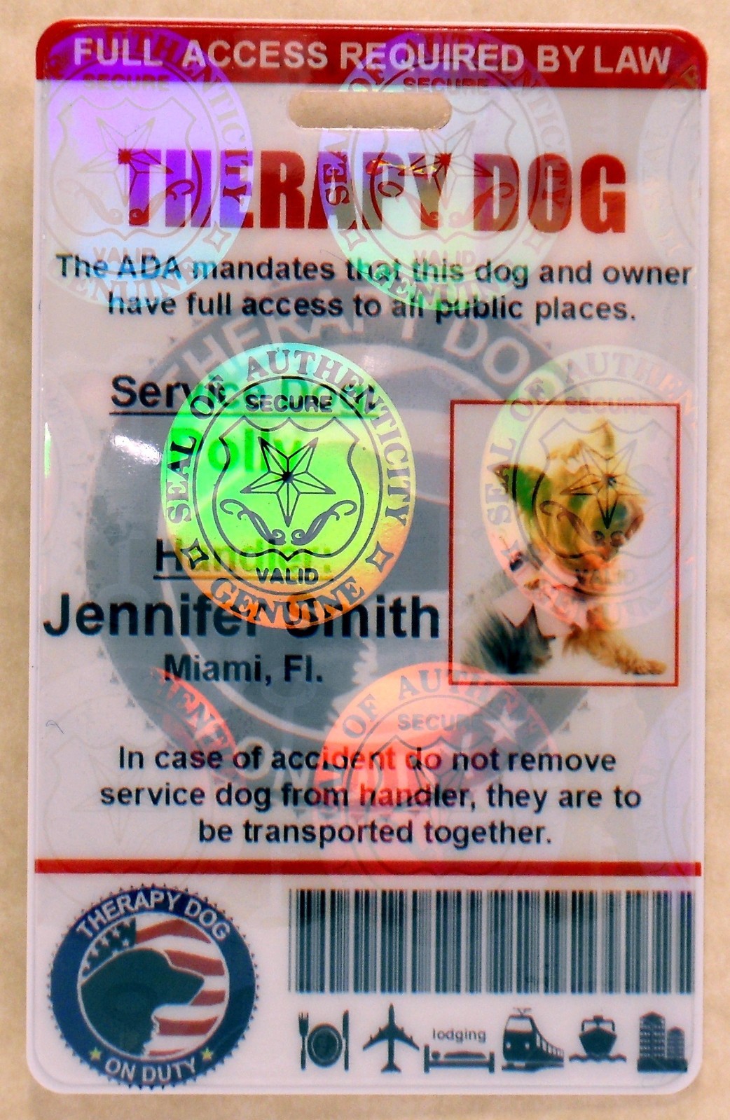 HOLOGRAPHIC THERAPY SUPPORT DOG ID CARD FOR SERVICE DOG ADA RATED 0THR
