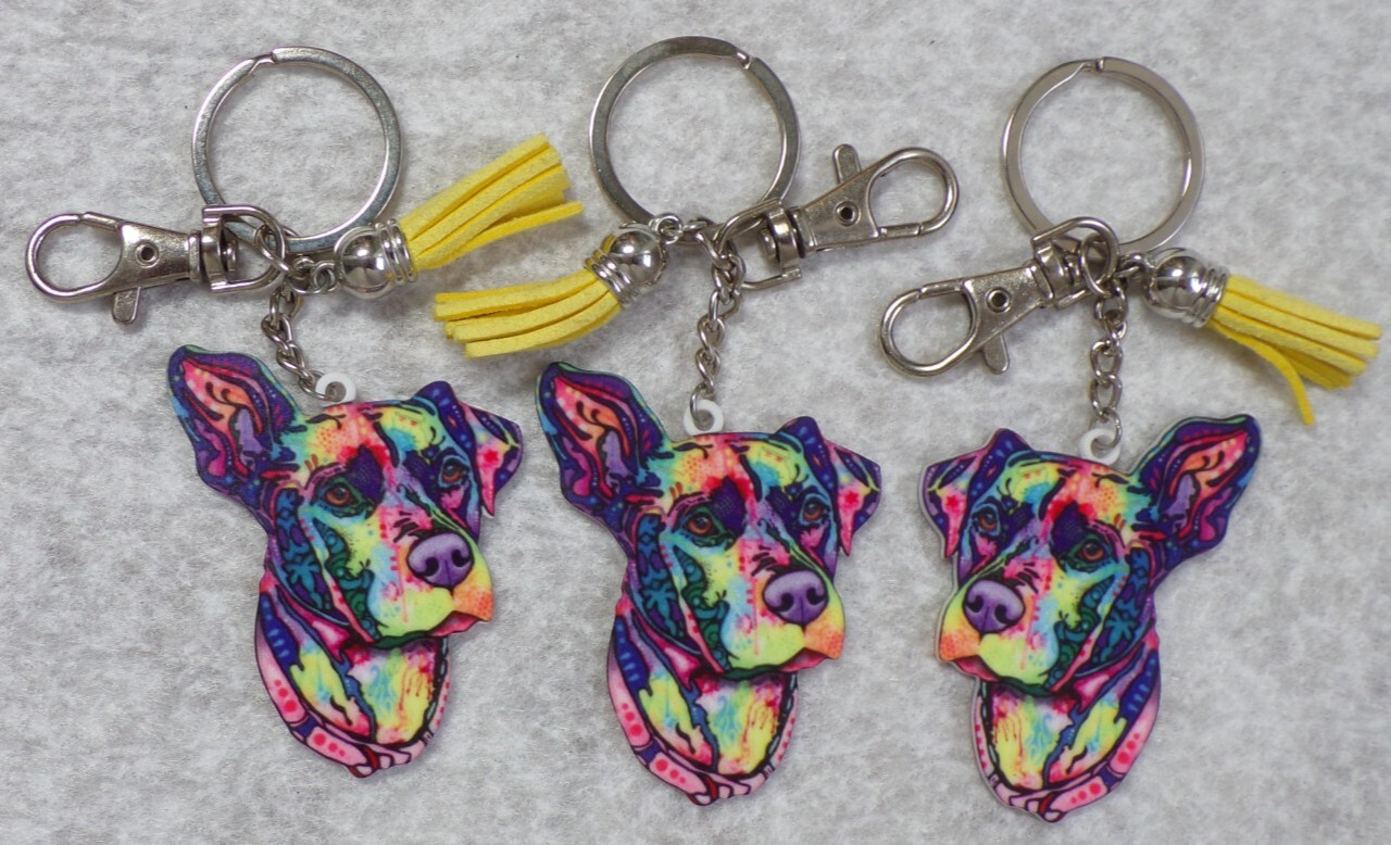 3 PUPPY DOG CANINE KEY RING CLIP ON BACKPACK CHARMS WITH YELLOW TASSELS
