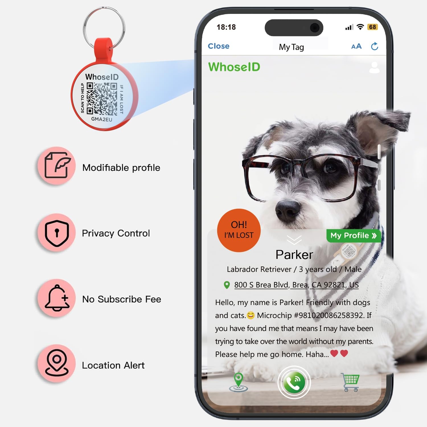 ESA Dog Tag Red Regular QR Code Modifiable Pet Profile Scannable ID Silicone