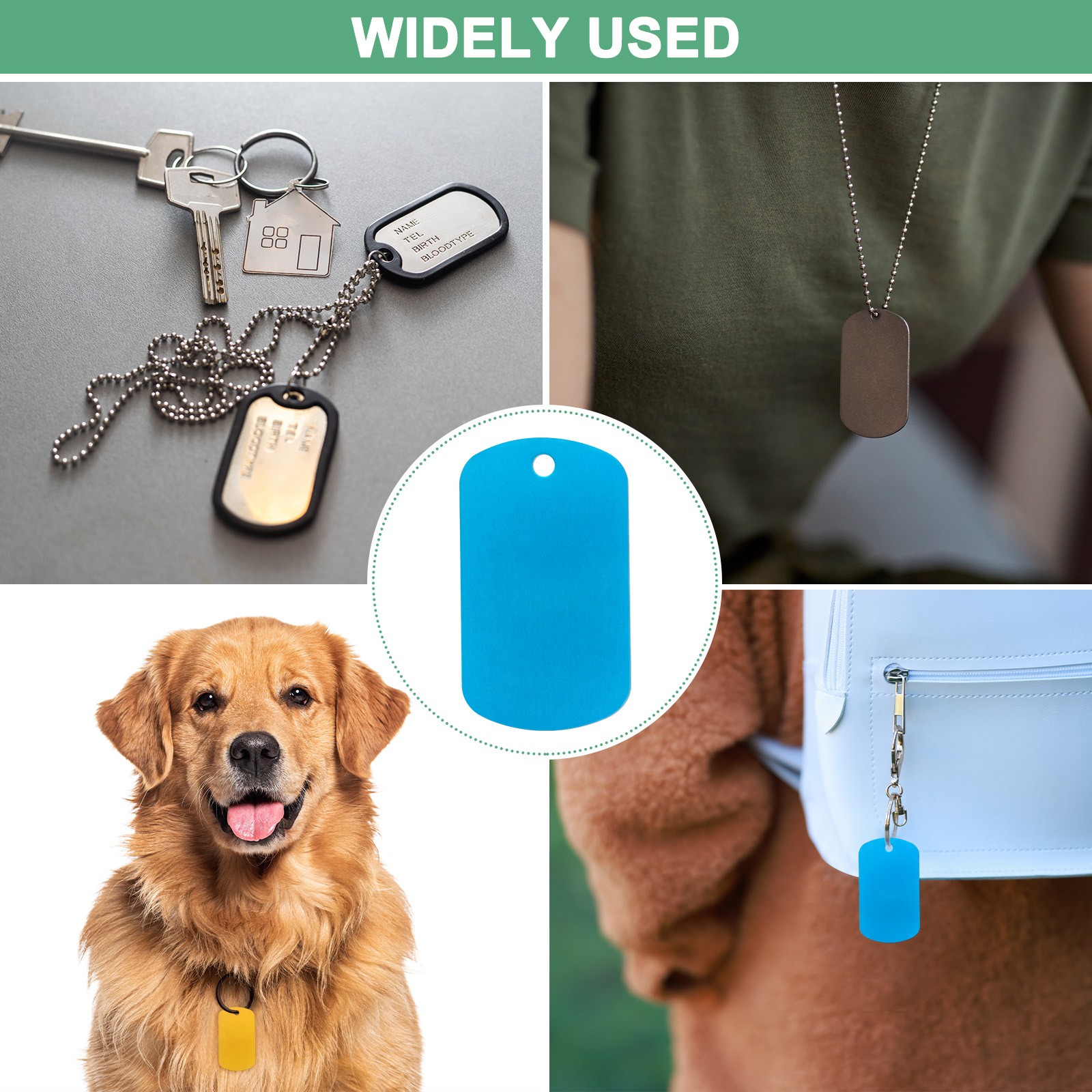 20-Pack 2″ x 1.18″ x 0.04″( L x W x T ) Blank Dog Tags [Lake Blue, 1 Hole]