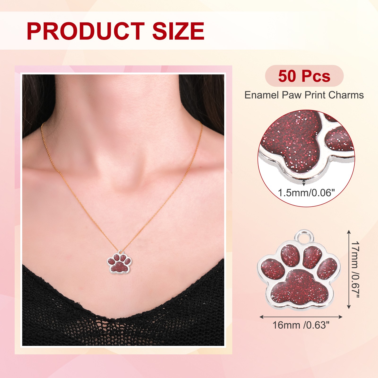 Enamel Paw Print Charms with Glitter Powder, 50Pcs(Silver Tone/Red)