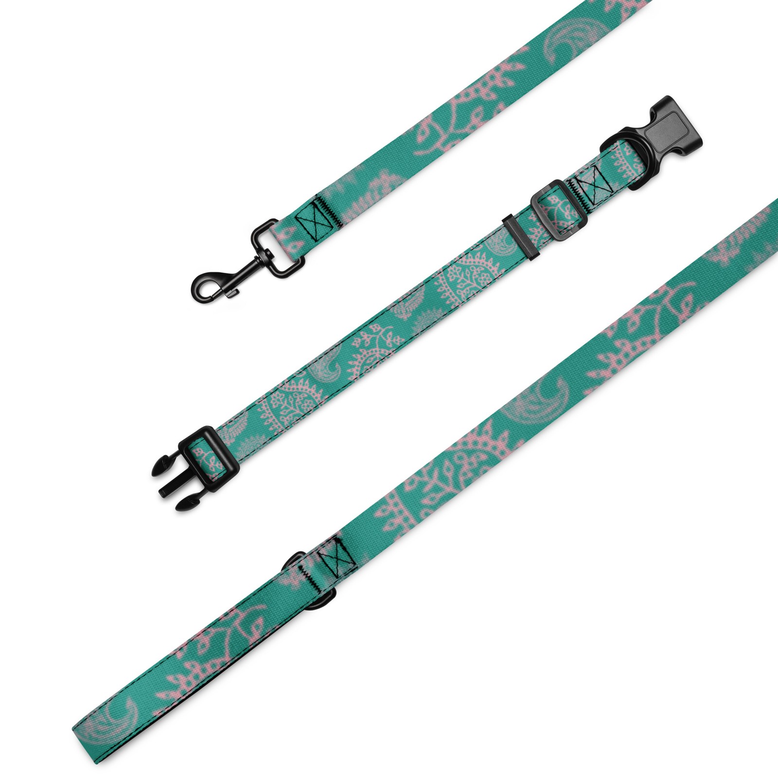 Teal/Turquoise Paisley Print Medium Pet collar & leash