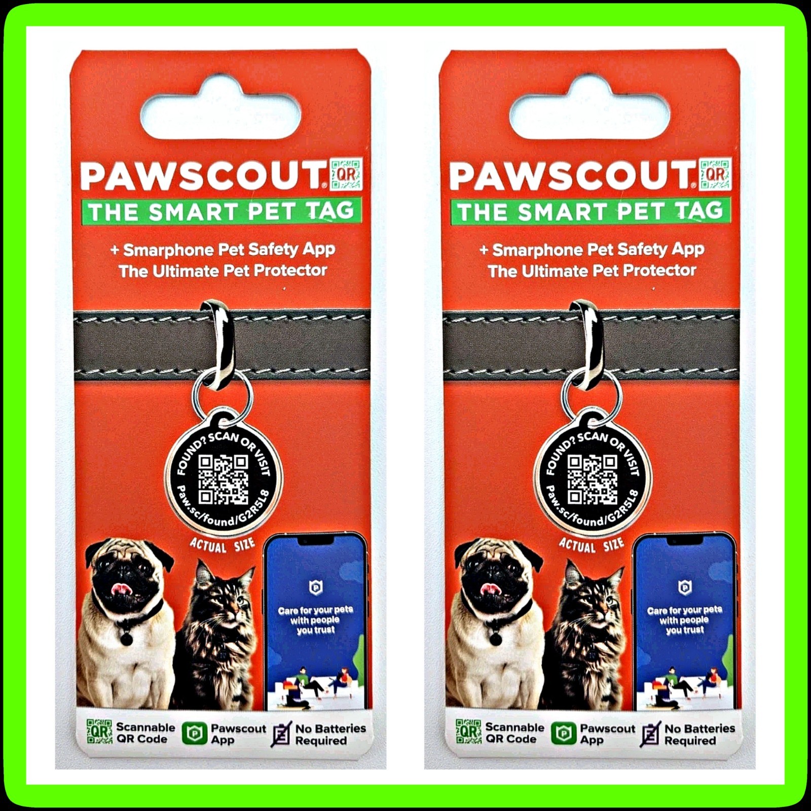🐾 (2) PAWSCOUT Smart Pet Tags QR Finder Dogs Cats Smartphone Pets Safety App 🆕
