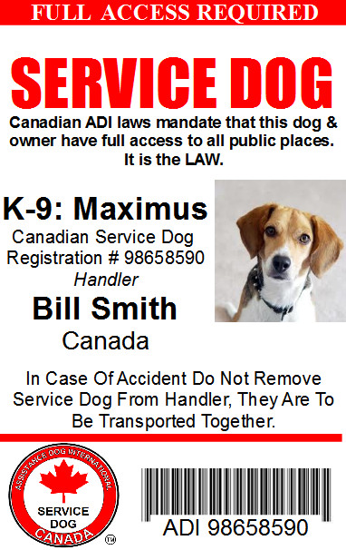 CANADIAN SERVICE DOG ID CARD – ASSISTANCE DOG CARD ID BADGE for Canada V