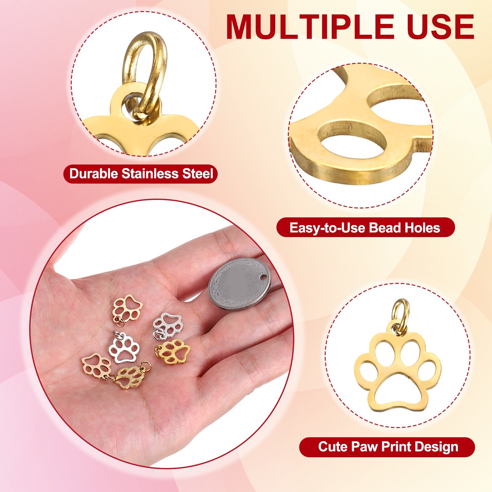 Dog Paw Print Charms 3mm, 20 Pcs Cat Dog Paw Pendant, Gold