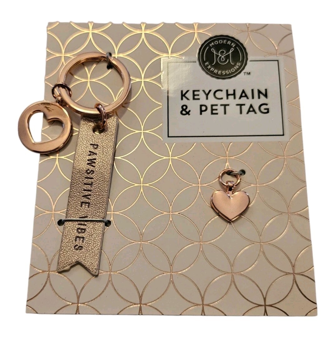 *NEW* Modern Expressions 2-pc Champaigne/Rose Gold Heart Keychain & Pet Tag