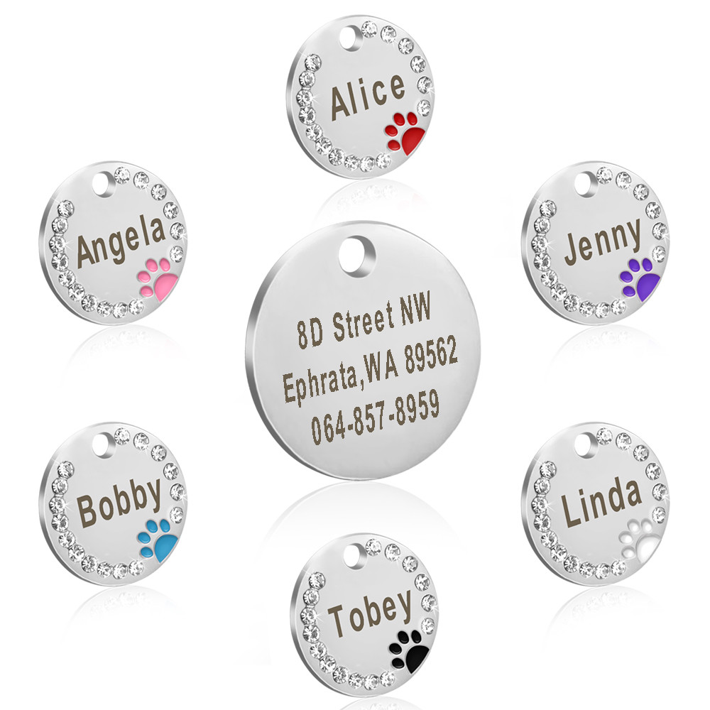 Dog Tags Personalized ID Name Engraved Pet Cat Dog Bling Rhinestone Cute Paw Tag