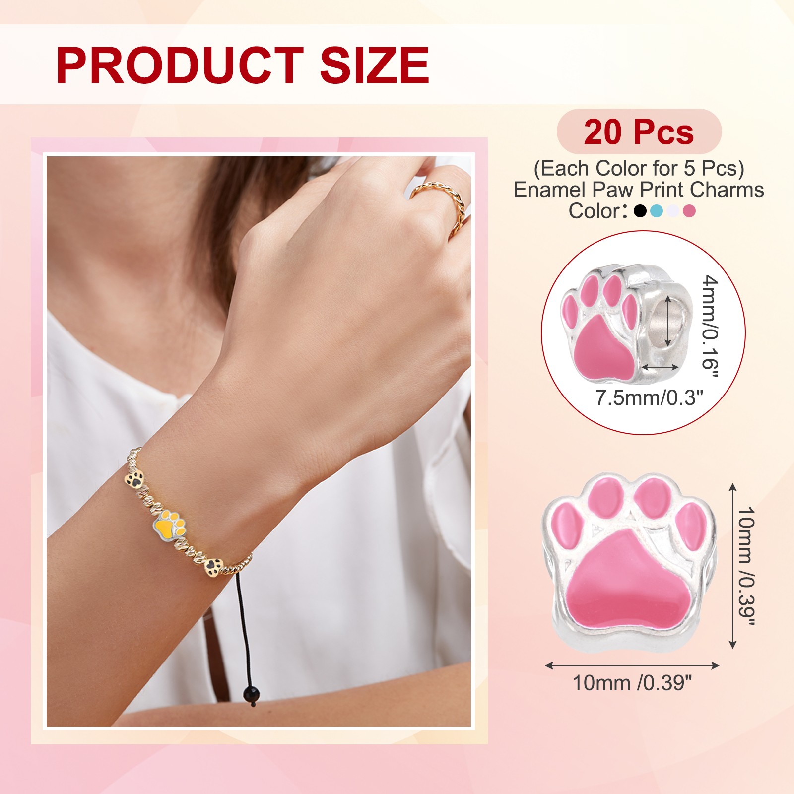 Enamel Paw Print Charms, Large Hole Beads, 20Pcs(Black/White/Rose Red/Blue)