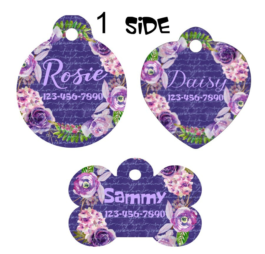 Pet ID Tag Floral Personalized Custom Double Sided Pet Tag w/name & number