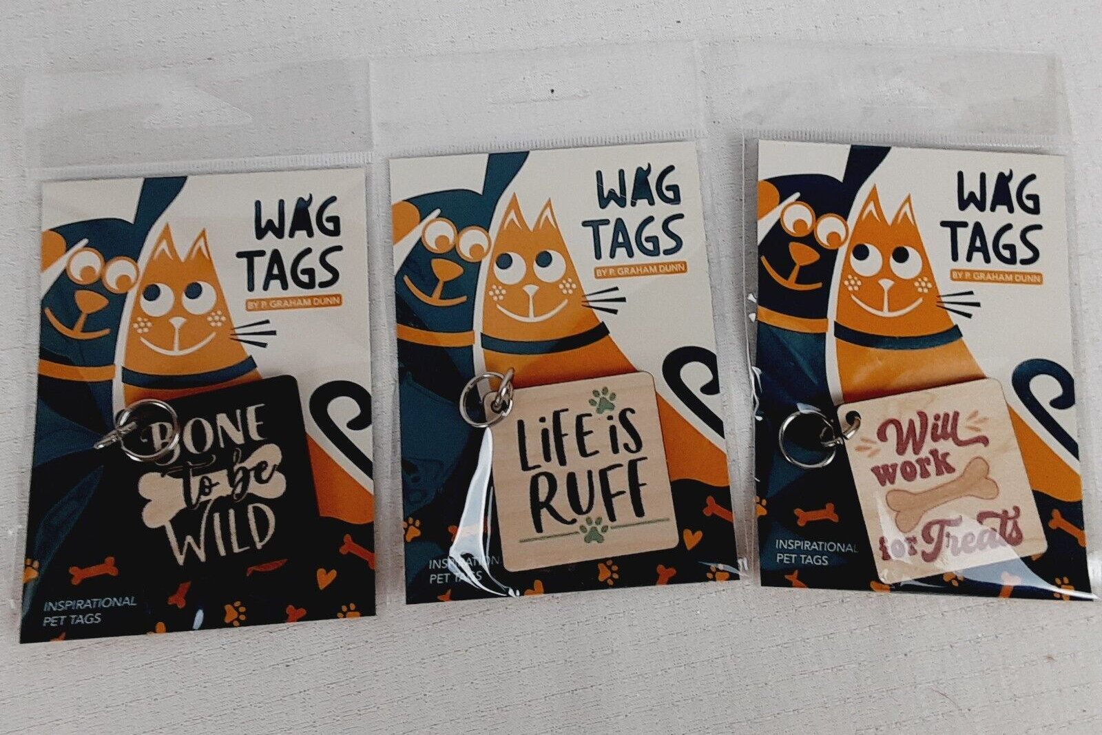 P Graham Dunn WAG TAGS Pet Collar Charms Wooden Square 1.5″ Set of 3 Assorted