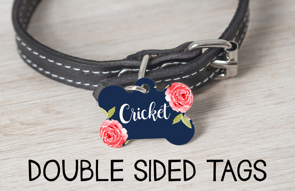 Personalized Pet ID Tag, Floral Dog Tag, Double Sided Dog Tag for Girls, Rose