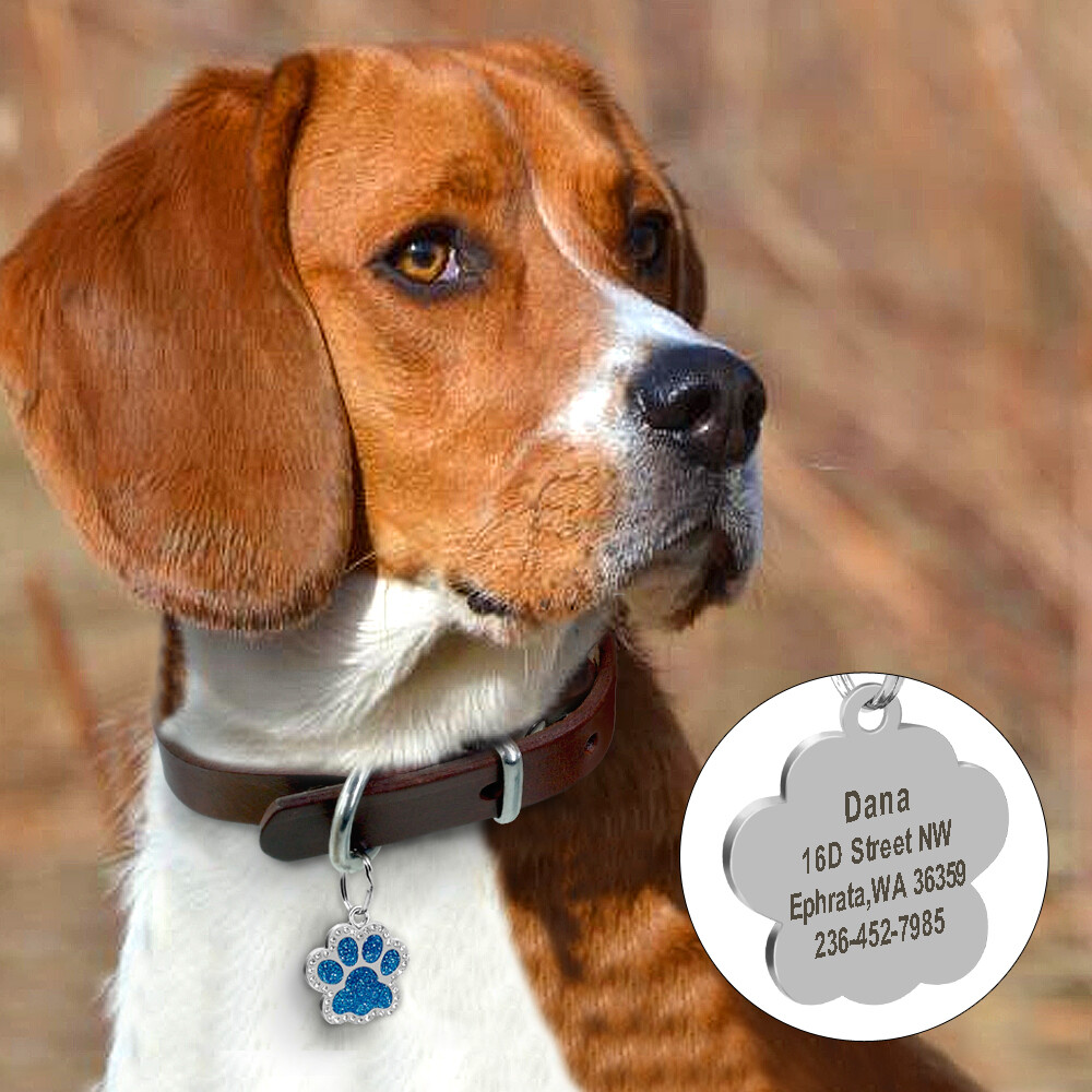 Personalized Dog ID Tag Paw Glitter Engraved Custom Rhinestone for Pet Puppy Cat