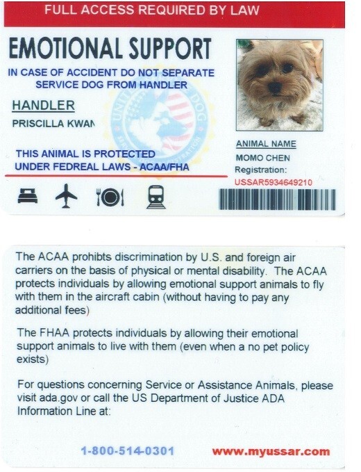 Animal id Emotional Support Therapy w/registration with U.S. Registry New