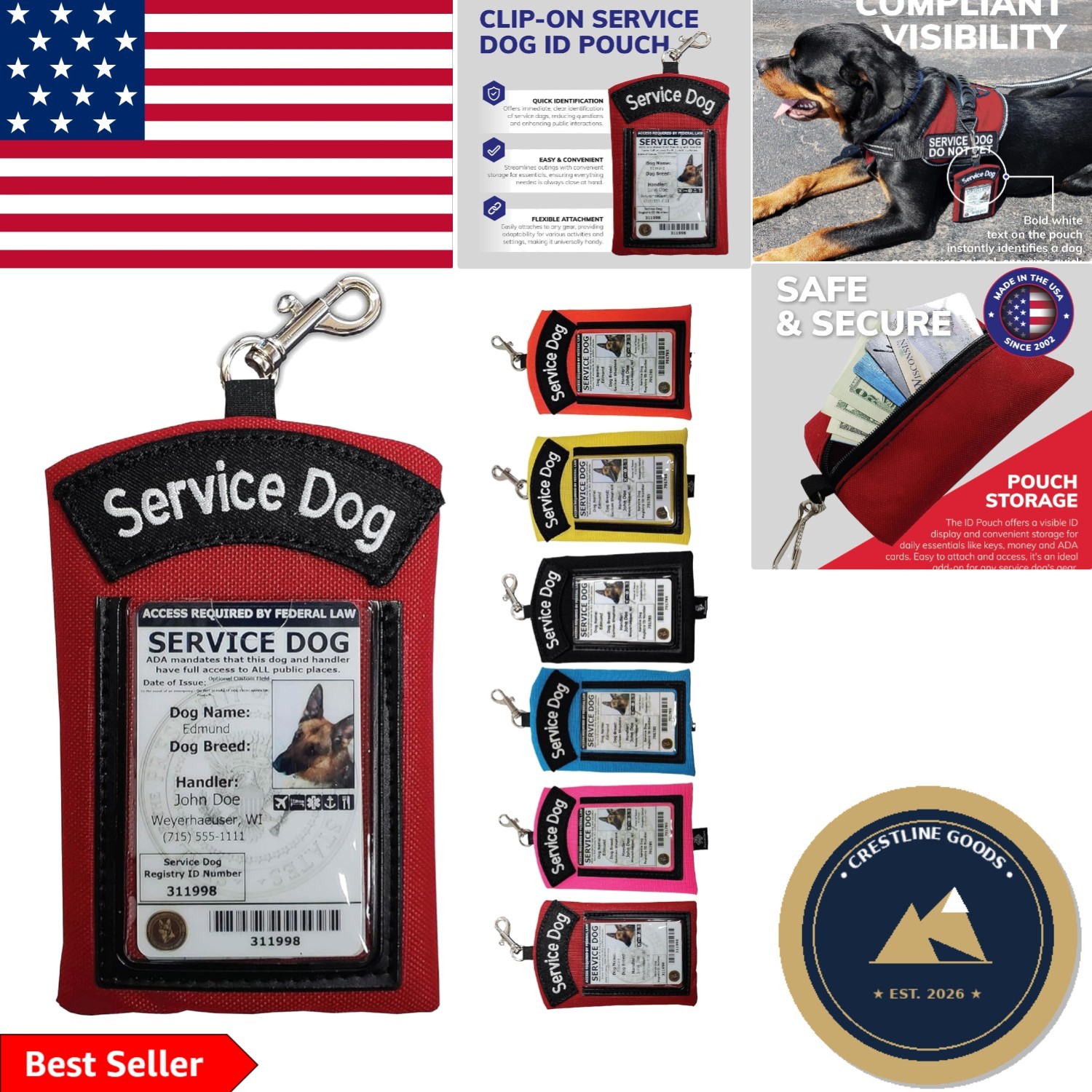 Compact Red Service Dog ID Badge Holder with Zippered Pocket & High Visibility
