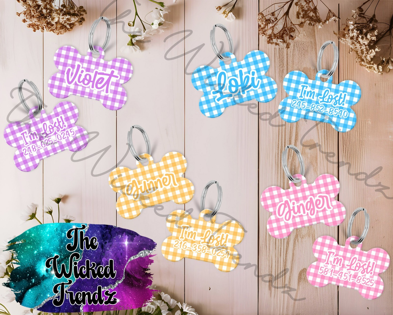 Gingham Pattern Blue Pink Yellow Custom Personalized Pet Name ID Dog Tag Number