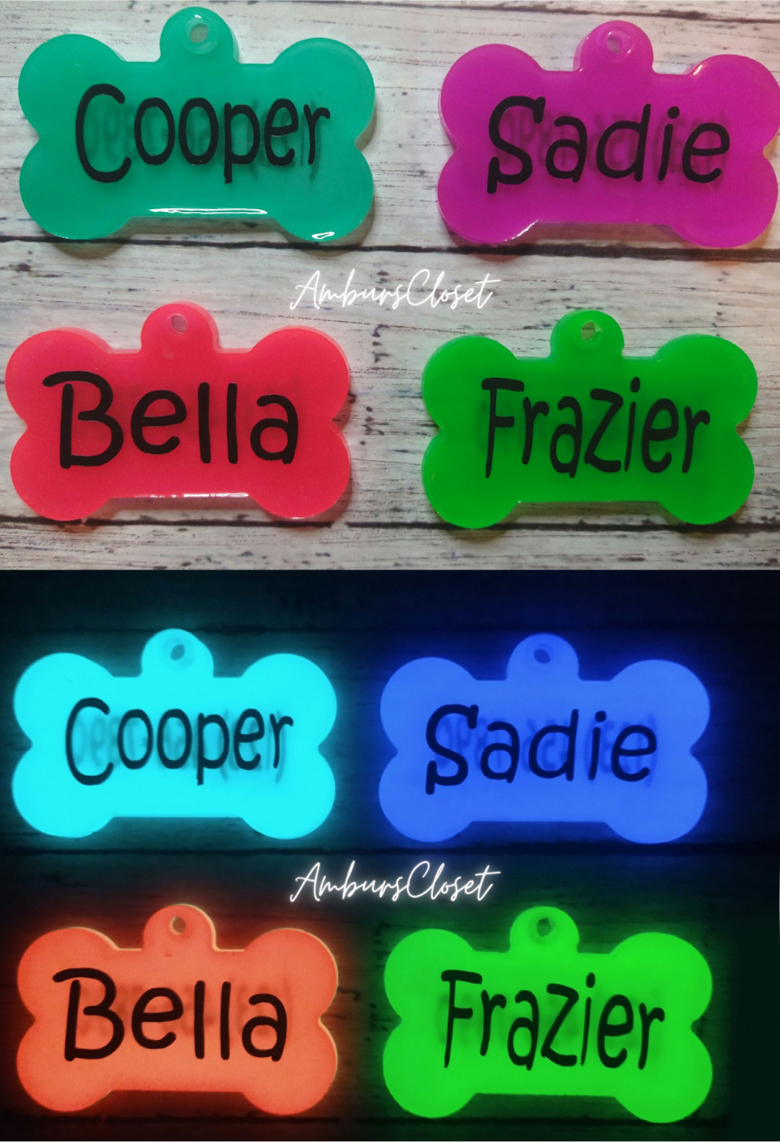 Personalized Resin Bone Dog Tag ID Customized w/ Name, Phone UV GLOW IN THE DARK