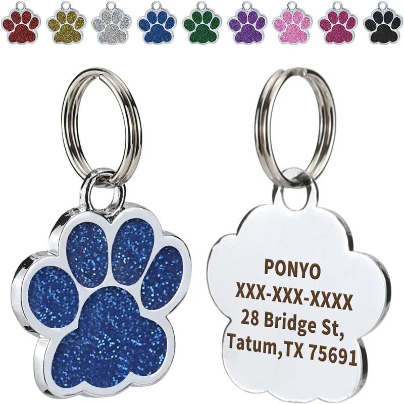 Personalized Pet ID Tag Engraved Glitter Paw Name Custom Tag for Dog Cat Collar