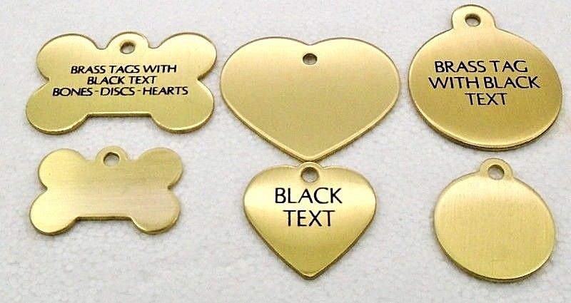 Pet Tags ~ Brass Bones, Discs & Hearts Pet Tags with Black Text pet id