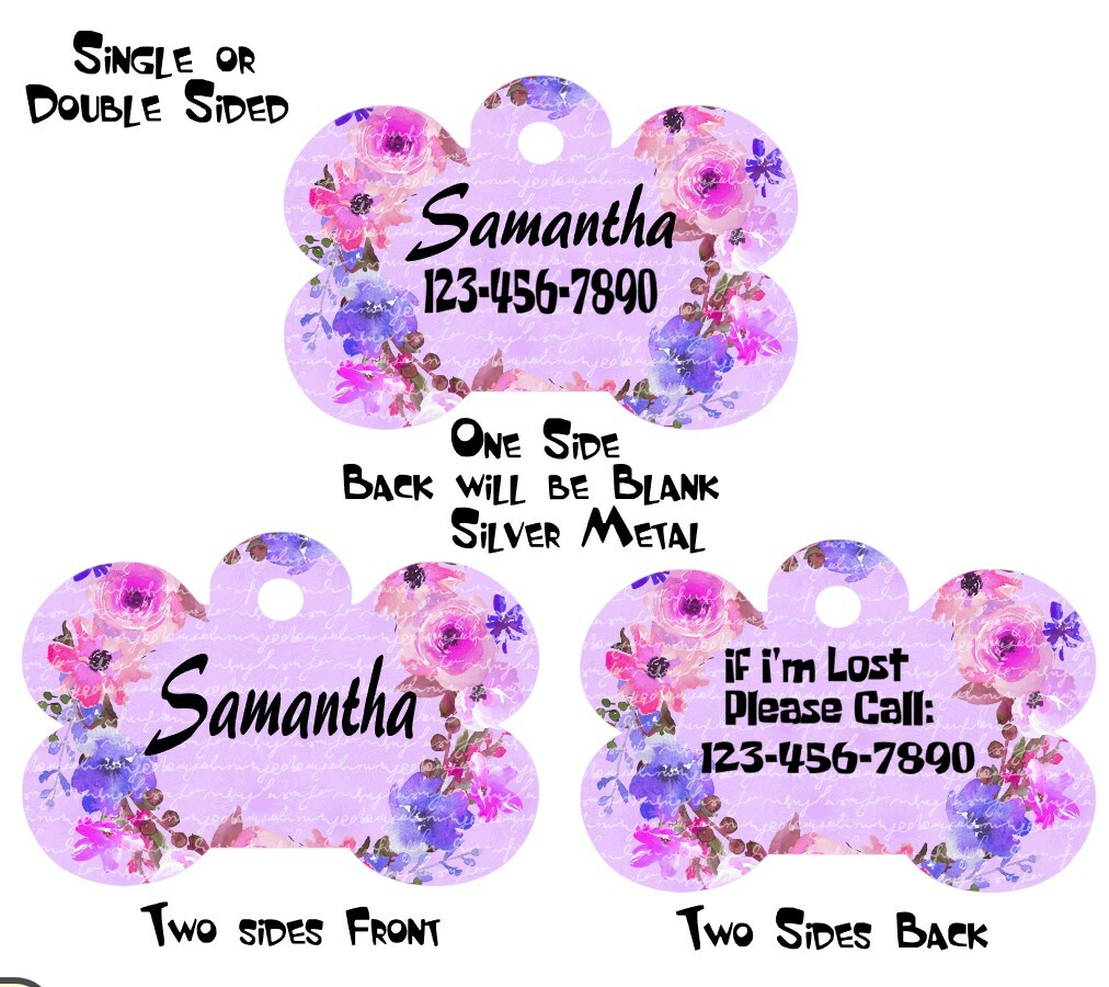 Pet ID Tag Floral Personalized Custom Double Sided Pet Tag w/name & number