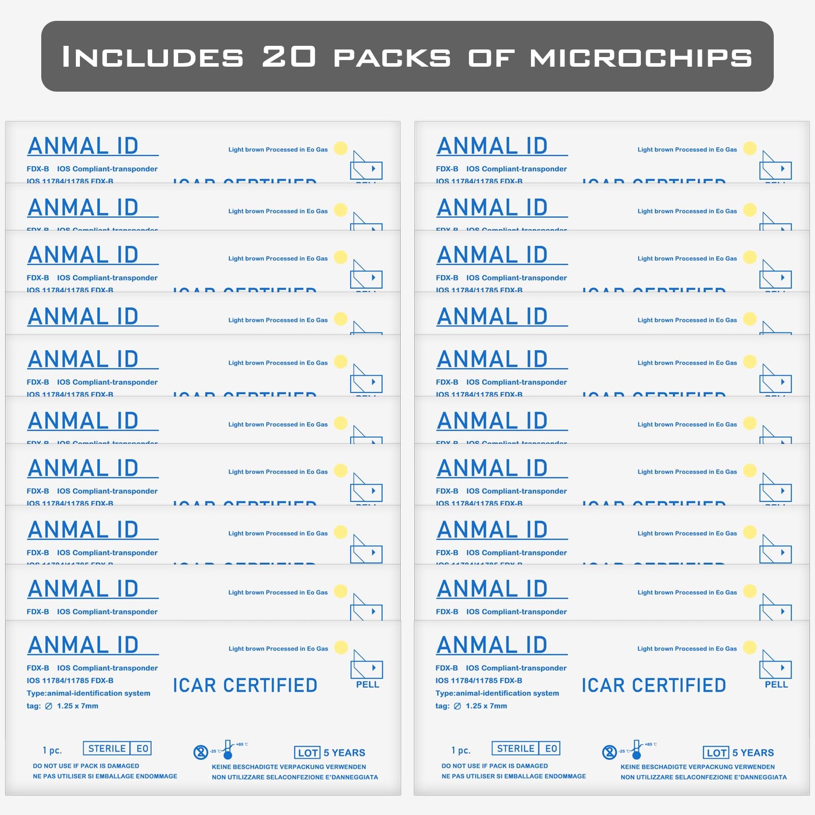 20 PCS 1.25x7mm Universal Standard Microchip ISO11784/85 FDXB Pet ID Tag