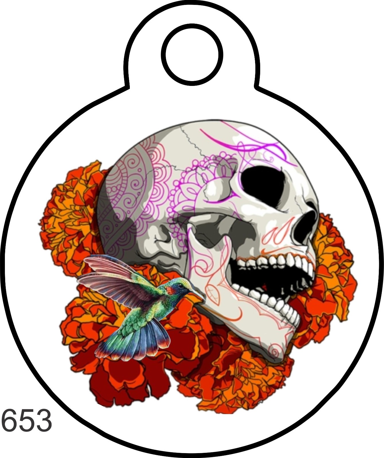 Pet Tag Personalized Pet ID tag for Dog and Cat ROUND Tag Unique SKULL Pink Hear