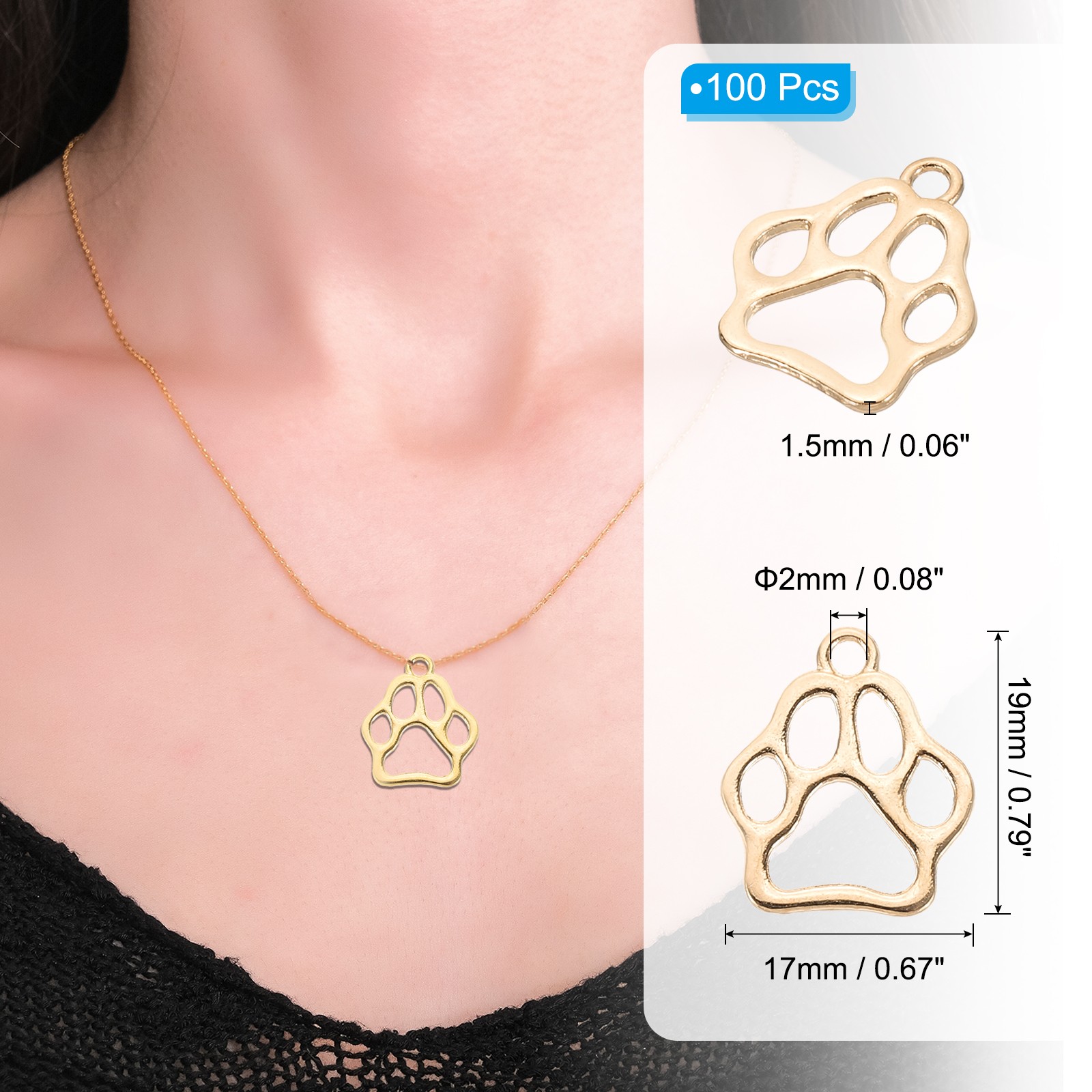 Hollow Paw Print Charm, 100Pcs Alloy Footprint Pendants, Light Gold