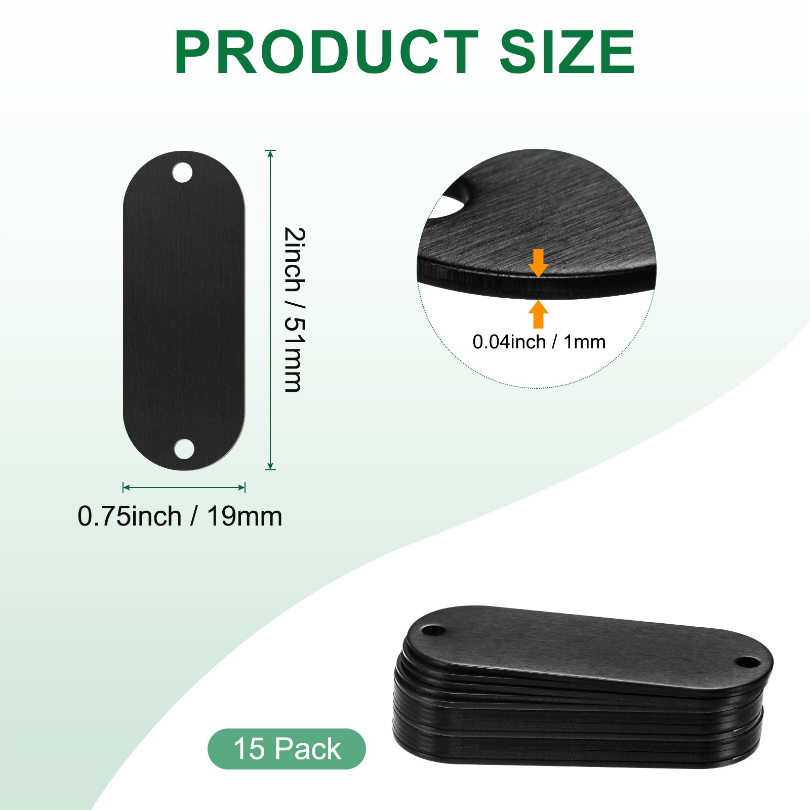 15-Pack 2″ x 0.75″ x 0.04″( L x W x T ) Blank Dog Tags [Black, 2 Holes]