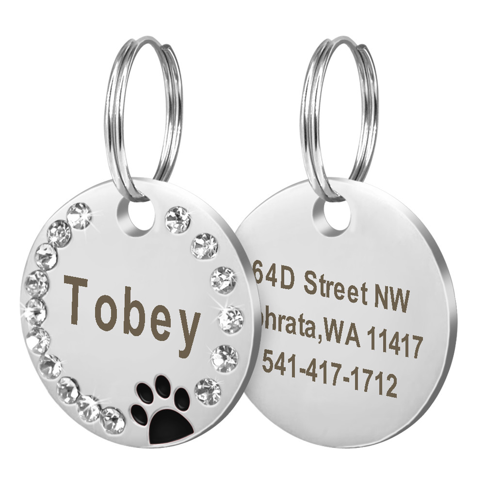 Personalized Dog Tags Paw Rhinestone Pet Cat ID Name Tag Engraved Free Hair Bows