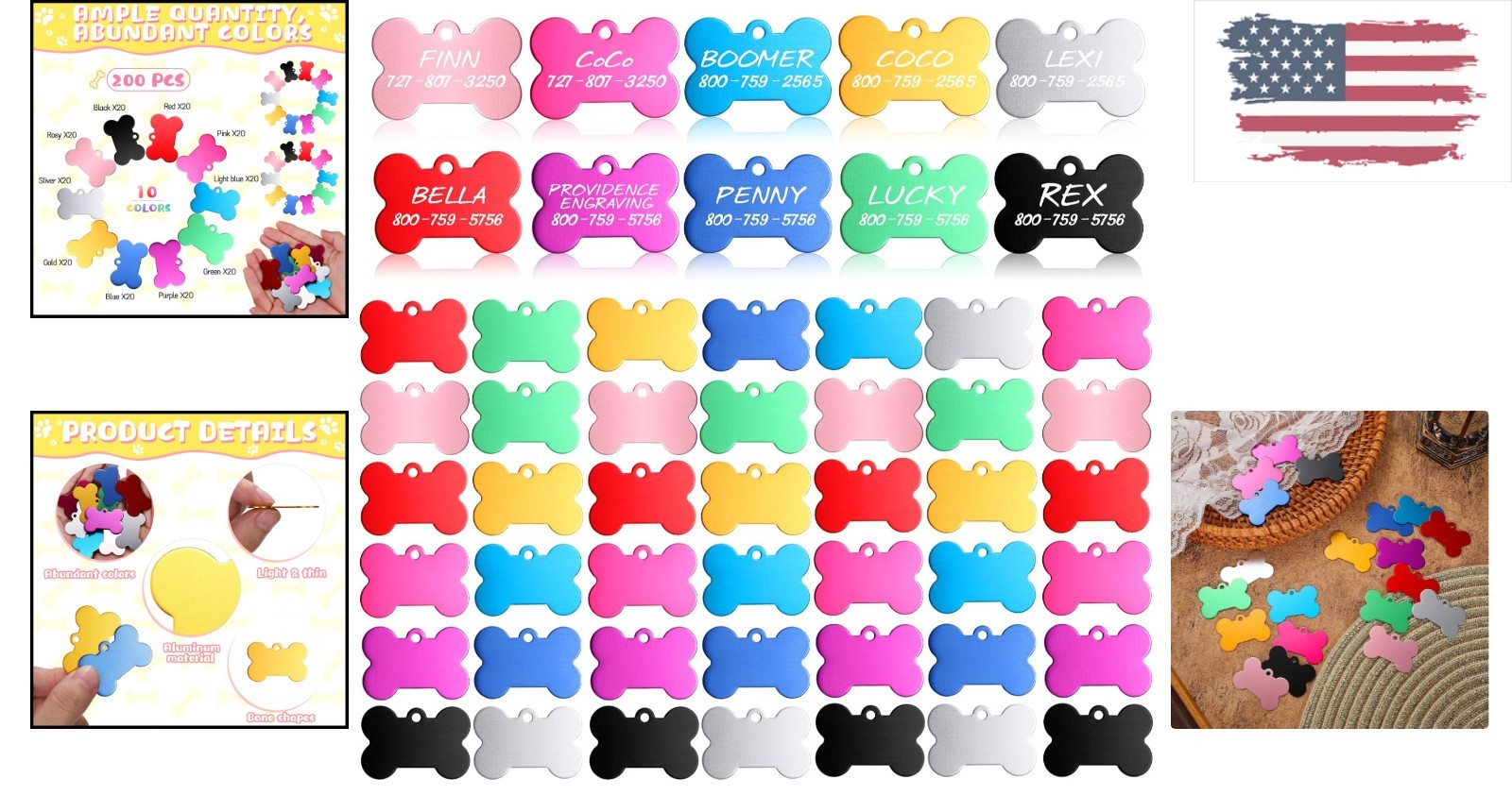 Durable 38mm Bone Shape Pet Tags – 200 Colorful Engraving Pendants for Pets
