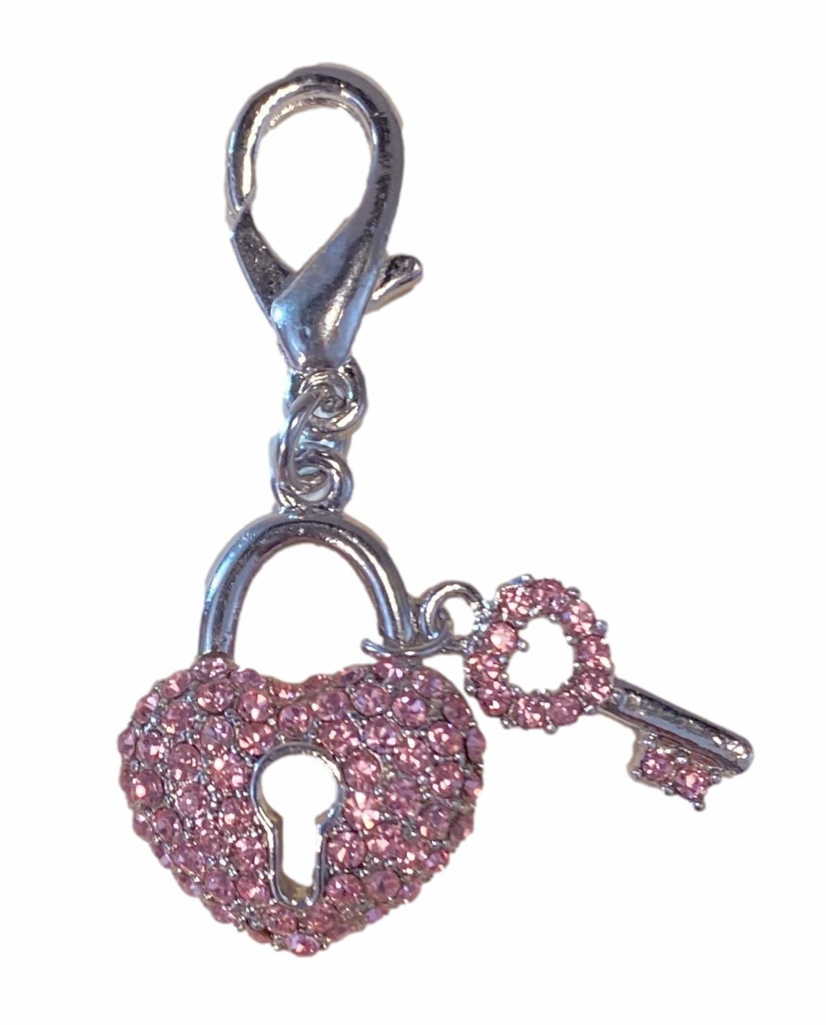 Blue or Pink Pave Crystal Key to My Heart Dog Collar Charm, Zipper Pull, etc.