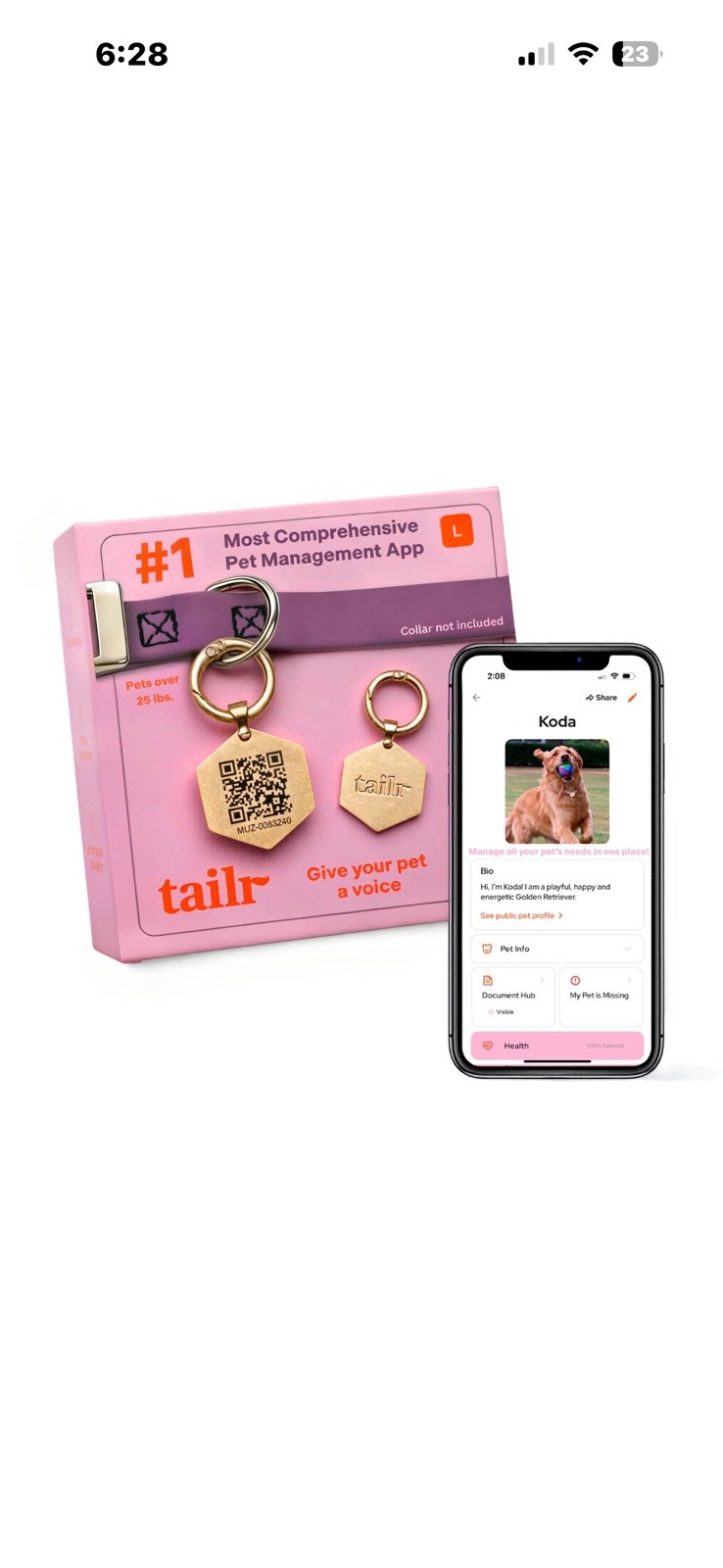 Tailr Smart QR Code Dog Tag, Pet ID Tag with App, Lost Pet Recovery, LARGE