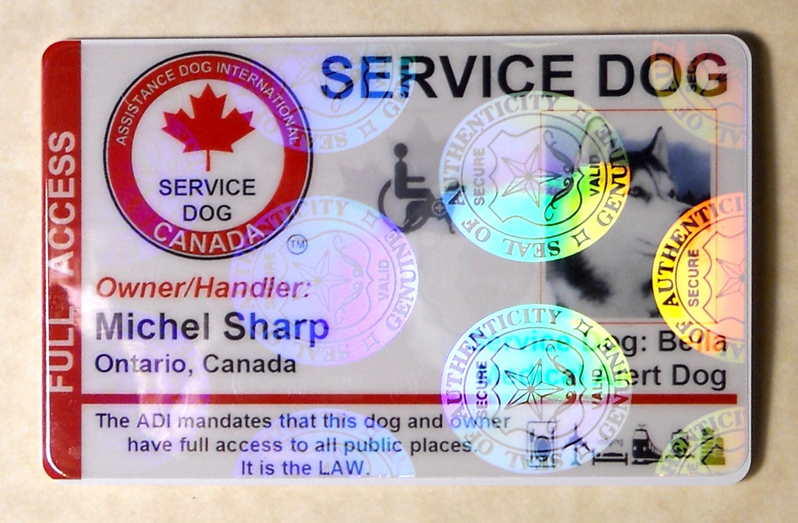 HOLOGRAPHIC CANADIAN SERVICE DOG ID CARD – ASSISTANCE DOG ID BADGE for Canada