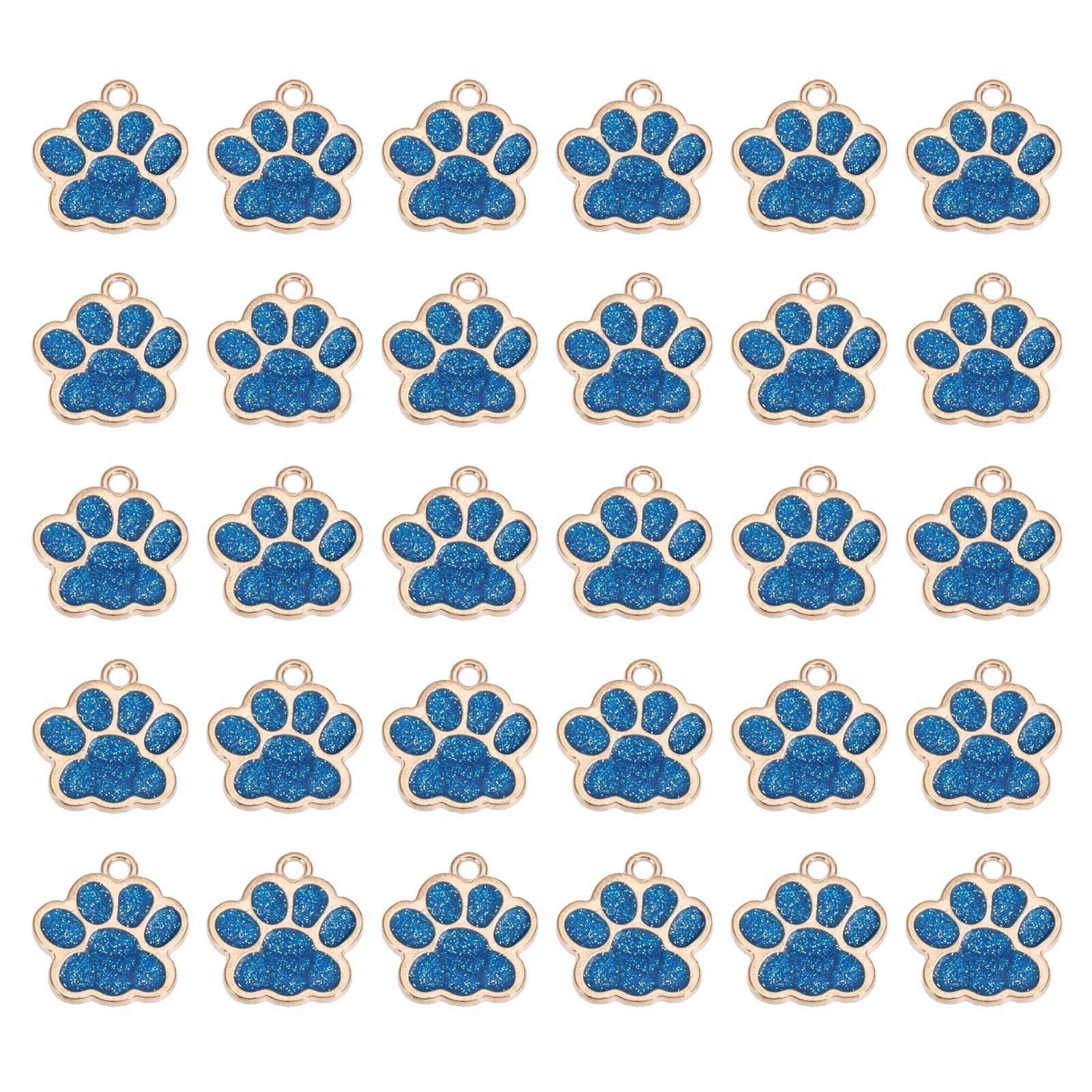Enamel Paw Print Charms with Glitter Powder, 50Pcs(Gold Tone/Blue)