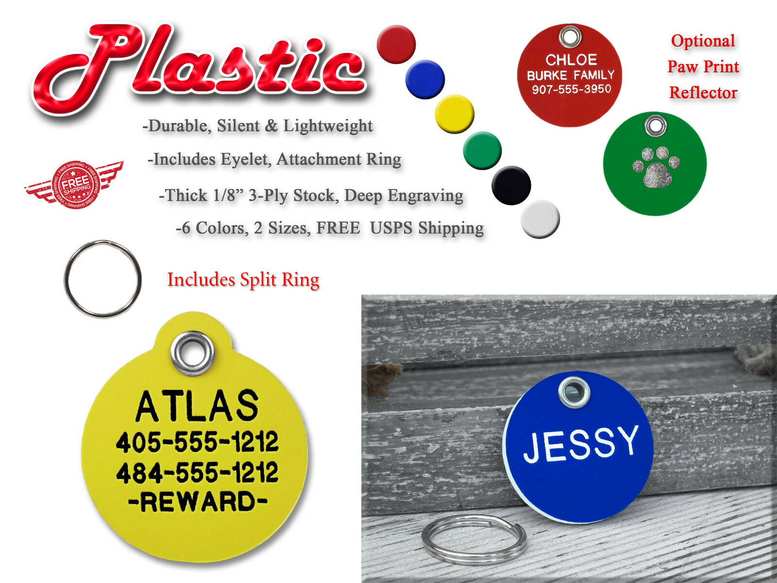 ROUND PLASTIC Pet Dog Cat Identification Name Tags-A Custom Engraved ID Tag