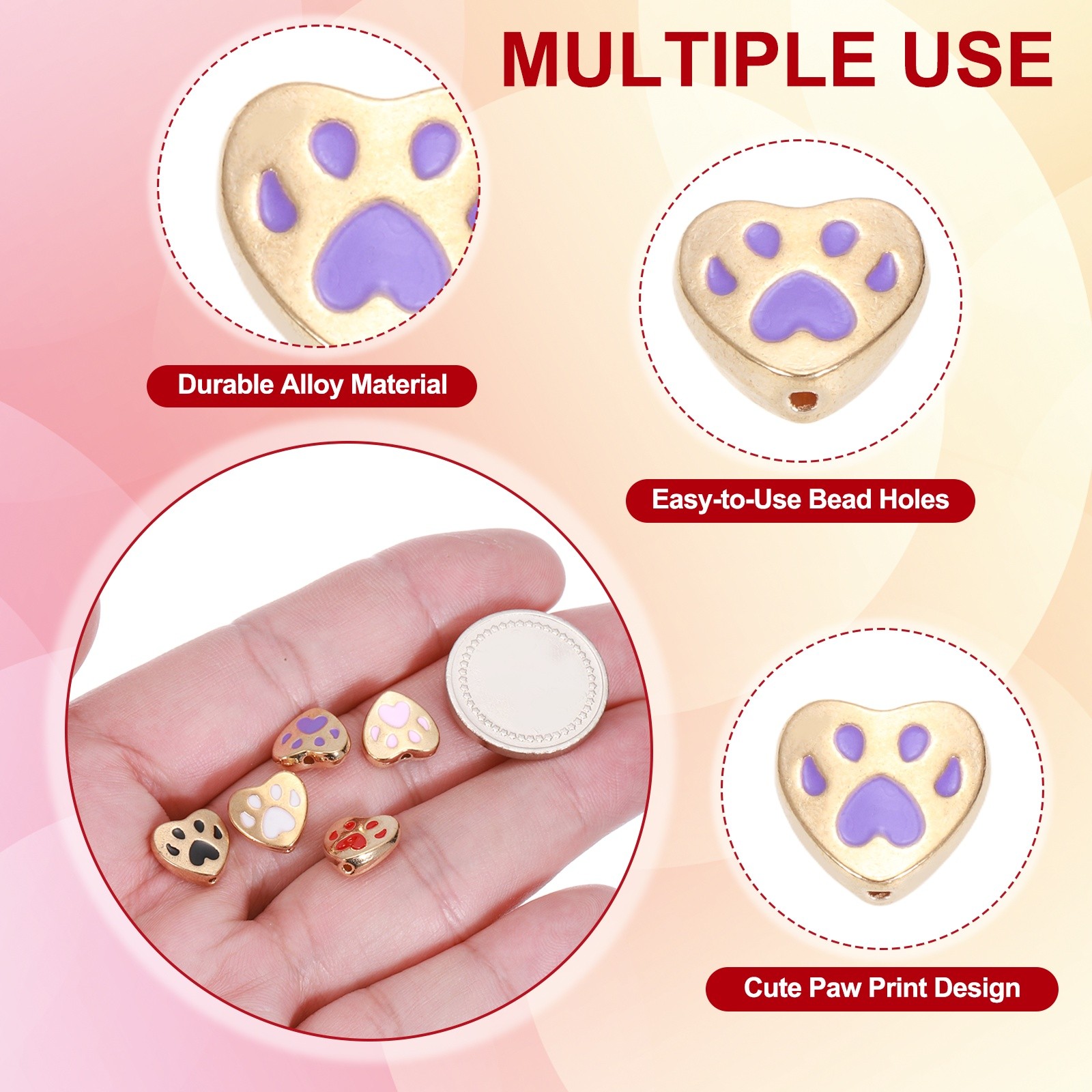 Paw Print Heart Beads, Dog Cat Paw Charms, 50Pcs(Pink/Purple/Red/Black/White)