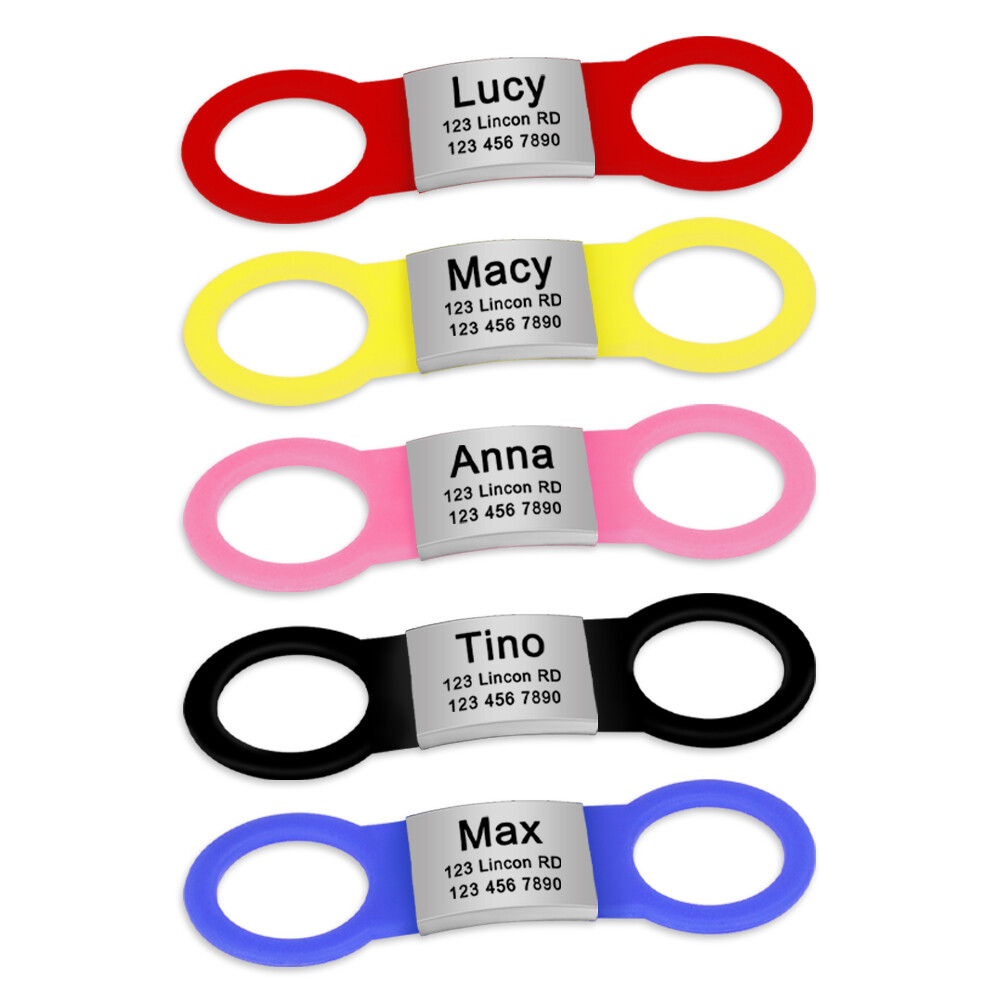 Custom Engraved Stainless Steel Pet Tag ID Elastic Silicone Band Fits Collars