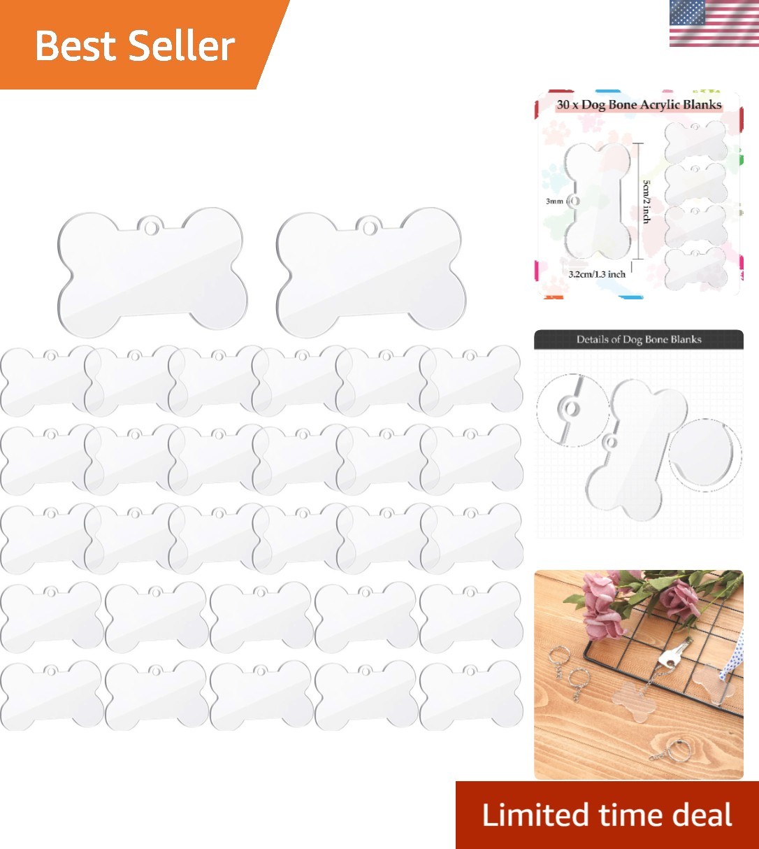 30 Pieces Sublimation Blank Dog Tags Clear Acrylic Keychain Blanks Dog Bone S…