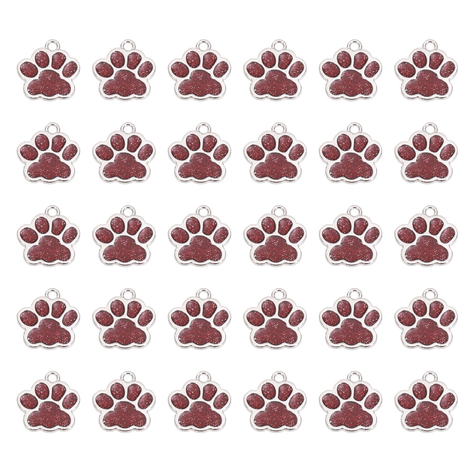Enamel Paw Print Charms with Glitter Powder, 50Pcs(Silver Tone/Red)