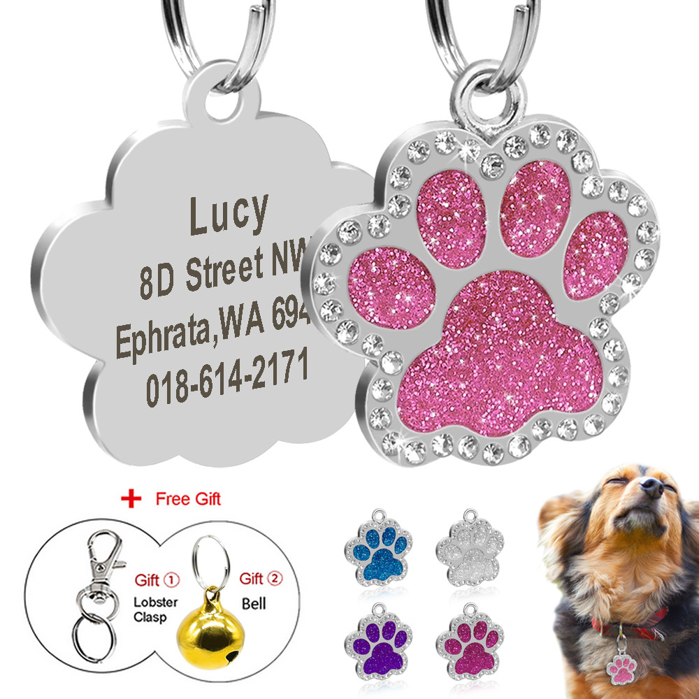 Glitter Paw Print Personalized Dog Tags Bling Rhinstone Engraved Pet ID Tag
