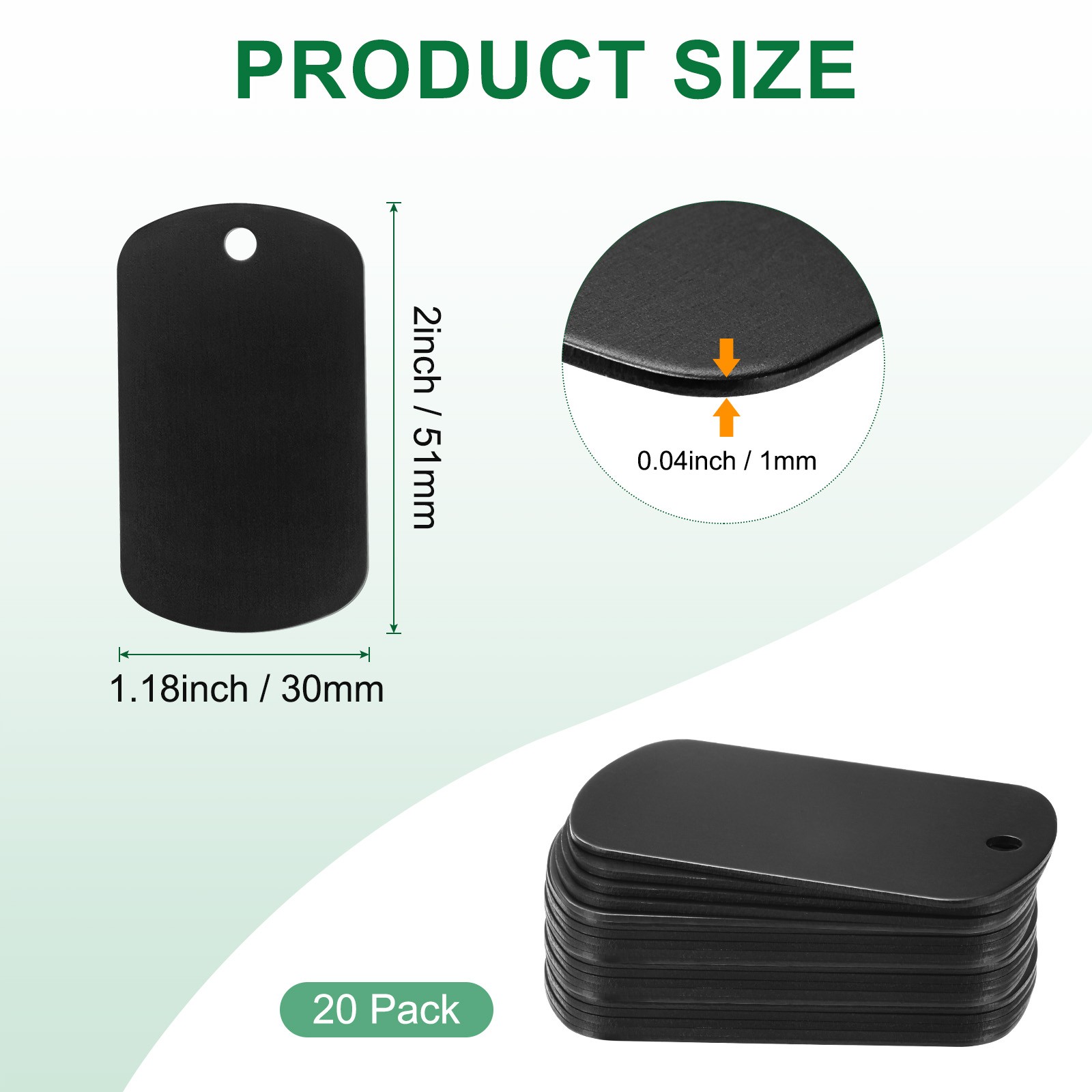 20-Pack 2″ x 1.18″ x 0.04″( L x W x T ) Blank Dog Tags [Black, 1 Hole]