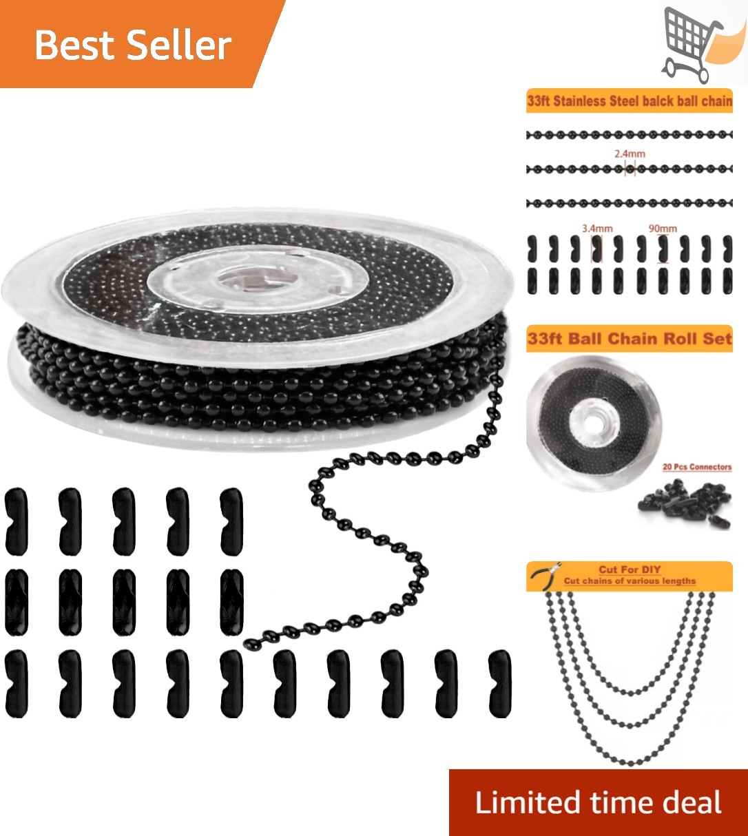Steel Ball Chain Bead Necklace Set 33ft Silver & Black for Jewelry DIY Crafts
